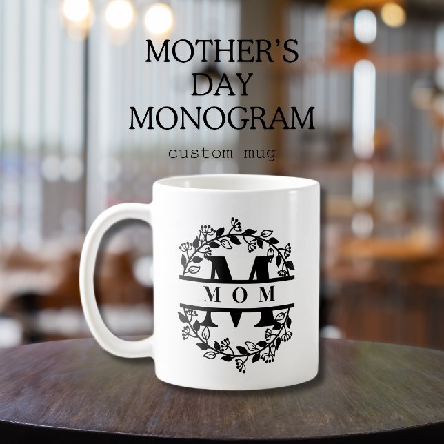 Elegant Split Floral Split Monogram with Text: MOM Coffee Mug (Floral split monogram Mother's day custom mug, name or text. bilingual. multilingual project)