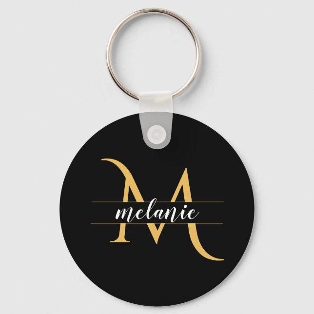 Elegant Split Monogram Gold Black Custom Name   Keychain (Front)