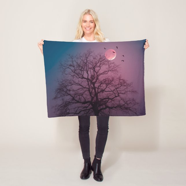 Elegant Spooky Halloween Theme Tree Moon Artwork Fleece Blanket (In Situ)