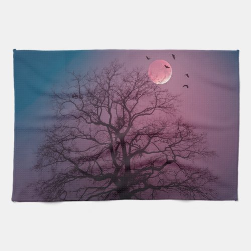 Elegant Spooky Halloween Theme Tree Moon Artwork Kitchen Towel