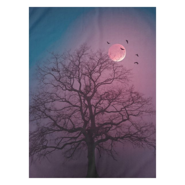 Elegant Spooky Halloween Theme Tree Moon Artwork Tablecloth (Front)