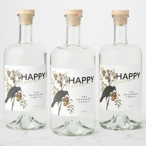 Elegant Spooky Happy Halloween Black Raven Family Liquor Bottle Label