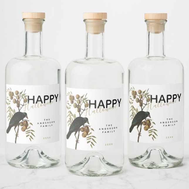 Elegant Spooky Happy Halloween Black Raven Family Liquor Bottle Label (Bottles)