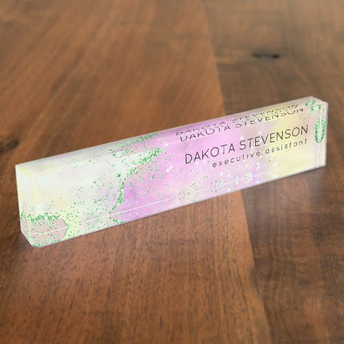 Elegant Spring Agate  Cute Green Pink and Yellow Desk Name Plate