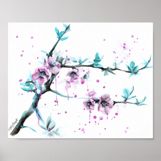 Elegant Spring blossom Pink floral Watercolor art Poster (Front)