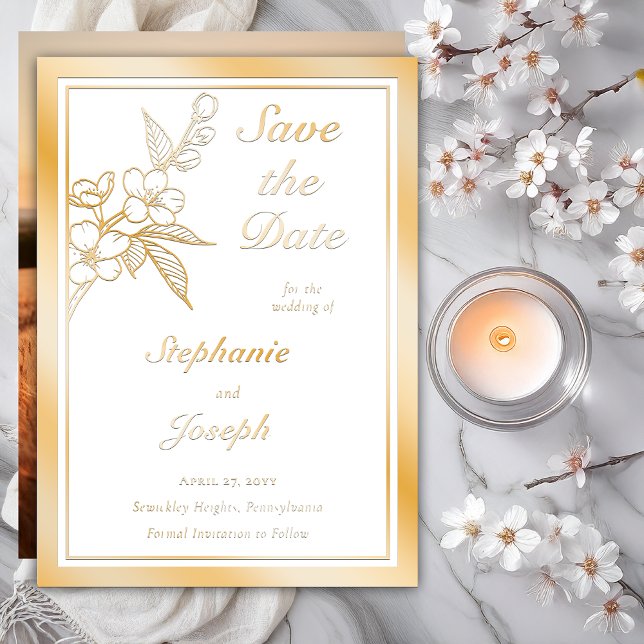 Elegant Spring Blossoms Photo White Save the Date Foil Invitation (Elegant Line Art Spring Blossoms Floral | Back Photo Wedding Gold Foil on White Save the Dates)