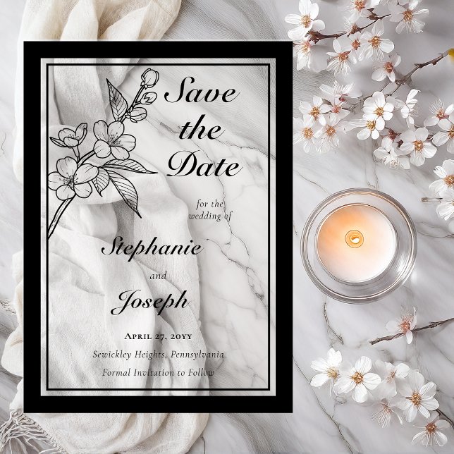 Elegant Spring Blossoms Wedding Save the Date (Elegant Line Art Spring Blossoms Floral | Back Photo Wedding Black on Clear Acrylic Save the Dates)