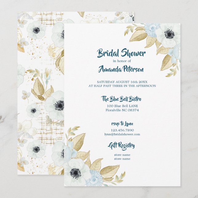 Elegant Spring Blue & White Floral Bridal Shower Invitation (Front/Back)