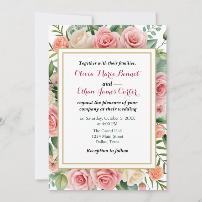 Elegant spring Blush Floral Gold Frame Wedding  Invitation (Front)