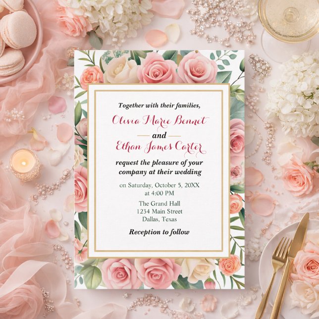 Elegant spring Blush Floral Gold Frame Wedding  Invitation (Creator Uploaded)