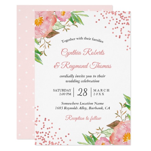 Elegant Spring Blush Pink Floral Confetti Wedding Invitation