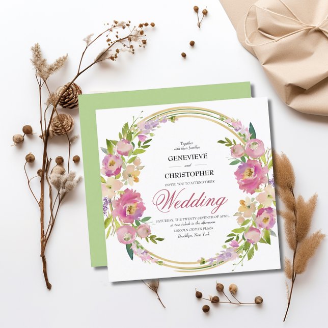 Elegant Spring Boho Floral Gold Square Wedding Invitation (Elegant Spring Floral Boho Wildflowers Square Wedding Invitation)