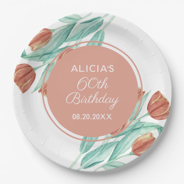Elegant Spring Brown Tulip 60th Birthday Paper Plates (Front)