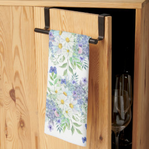 Elegant Spring Daisies with Blue Butterflies Kitchen Towel