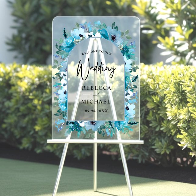 Elegant spring dusty blue floral wedding welcome  acrylic sign (Creator Uploaded)