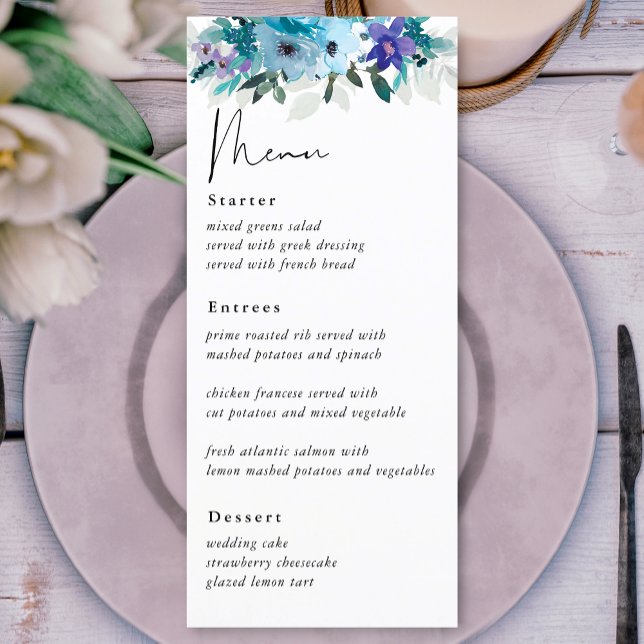 Elegant spring dusty blue purple floral wedding menu (Creator Uploaded)
