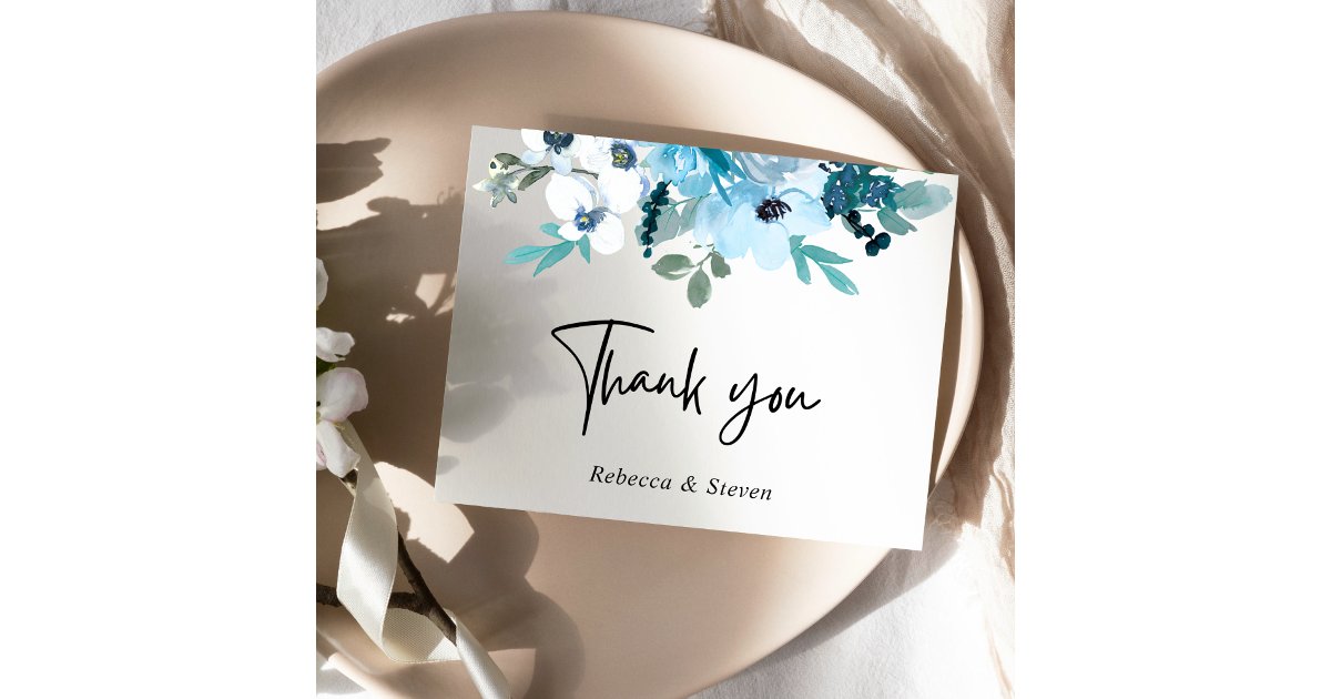 Elegant spring dusty blue white floral wedding thank you card | Zazzle