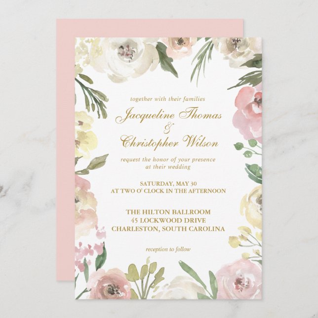 Elegant Spring Floral Blush Pink Gold Wedding Invitation (Front/Back)