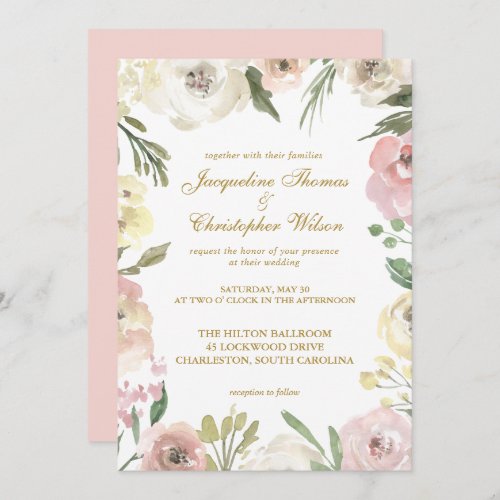 Elegant Spring Floral Blush Pink Gold Wedding Invitation