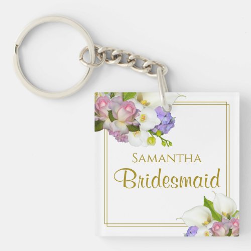 Elegant Spring Floral Bridesmaid Favor with Name Keychain