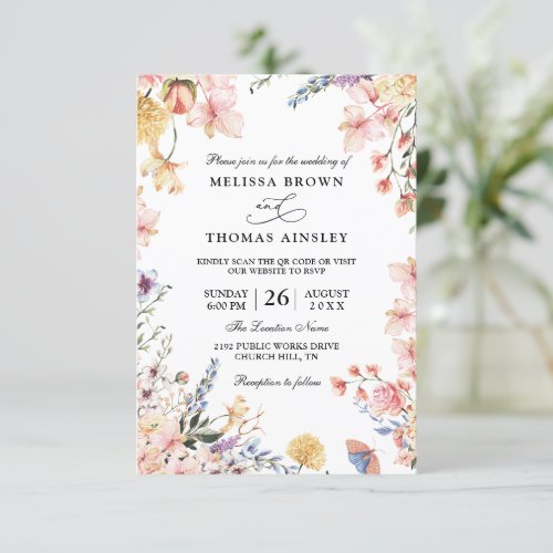 Elegant Spring Floral Budget QR Code Wedding Invitation