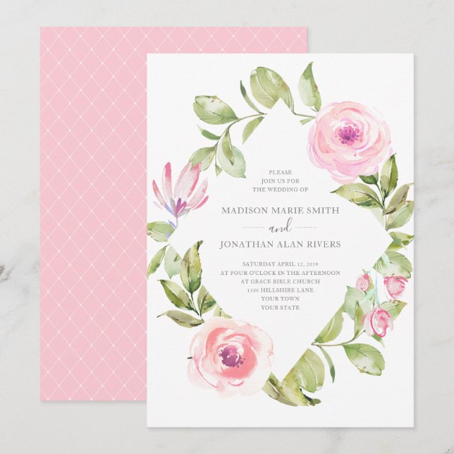 Elegant Spring Floral Diamond Pink Wedding Invitation (Front/Back)