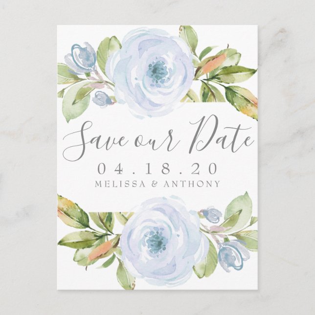 Elegant Spring Floral Dusty Blue Save the Date Announcement Postcard (Front)