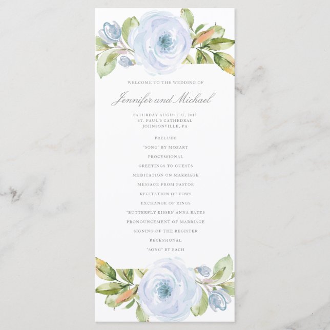 Elegant Spring Floral Dusty Blue Wedding Program (Front)