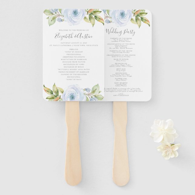 Elegant Spring Floral Dusty Blue Wedding Program Hand Fan (Front and Back)