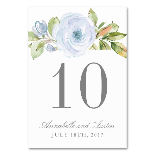 Elegant Spring Floral Dusty Blue Wedding Table Table Number (Front)