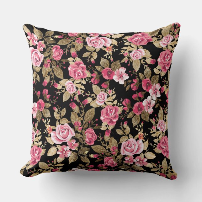 Elegant spring floral gold pattern throw pillow (Front)