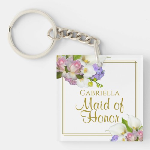 Elegant Spring Floral Maid of Honor Favor w Name Keychain