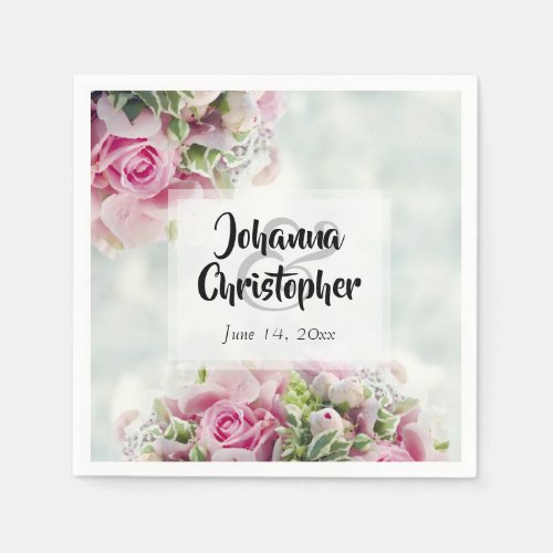 Elegant Spring Floral Pink Roses  Peonies Wedding Napkins