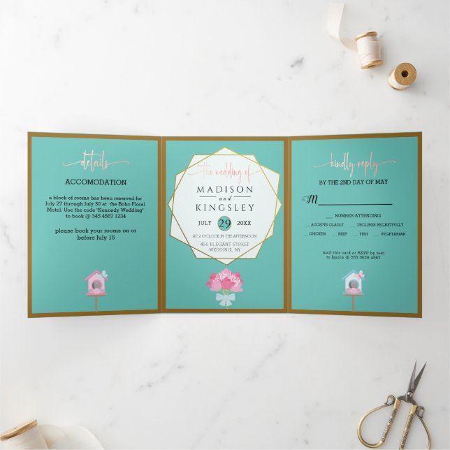 ELEGANT SPRING Floral Teal Wedding Fab  Tri-Fold Invitation (Inside)