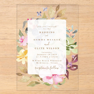 Elegant Spring Floral Watercolor Wedding Acrylic Invitations