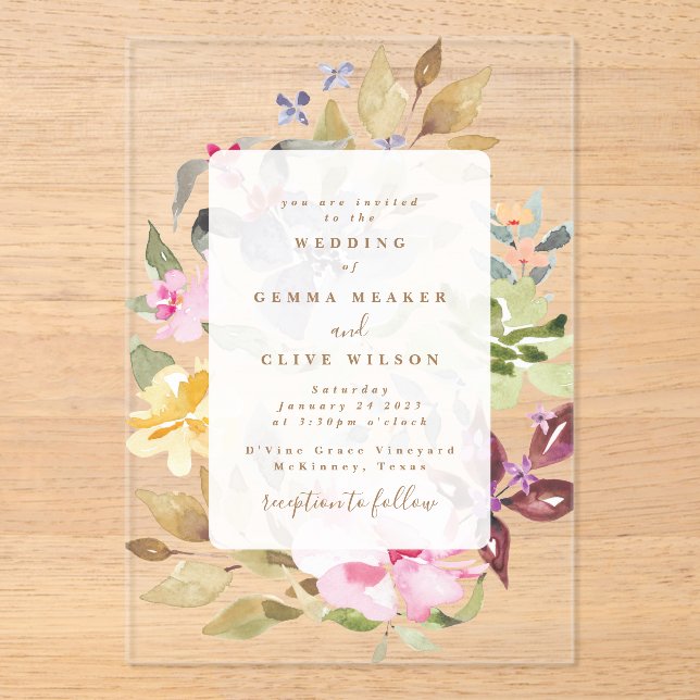 Elegant Spring Floral Watercolor Wedding Acrylic Invitations (Front)
