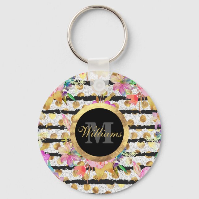 Elegant spring flowers and stripes design keychain (Front)