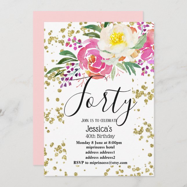 elegant, spring flowers pink floral birthday invitation (Front/Back)