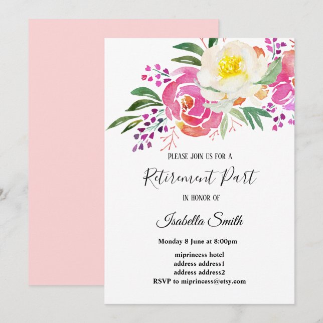 elegant spring flowers pink floral retirement invitation (Front/Back)