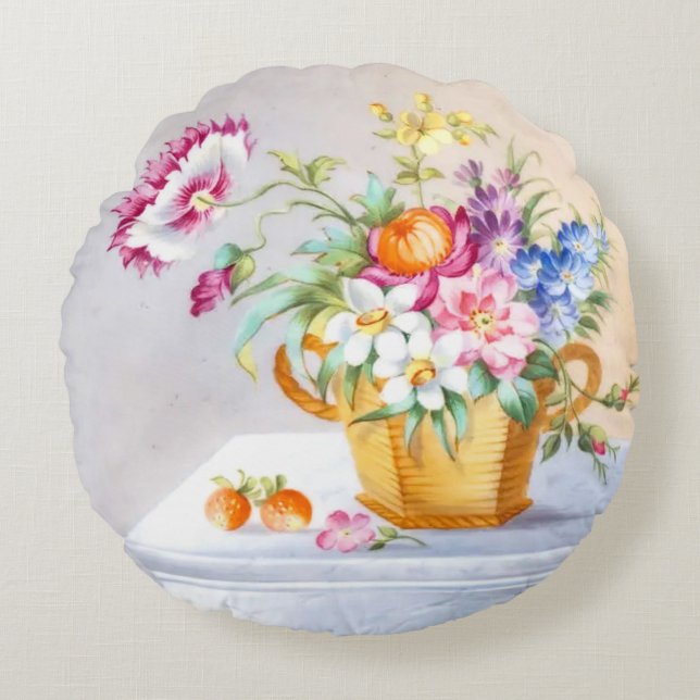 Elegant Spring Garden Flower Basket & Strawberries Round Pillow (Front)