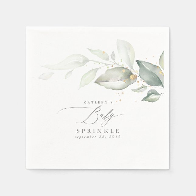 Elegant Spring Greenery Gold Foliage Baby Sprinkle Napkins (Front)