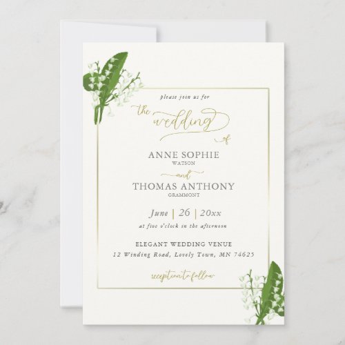 Elegant Spring Lily of the Valley Gold Wedding Invitation
