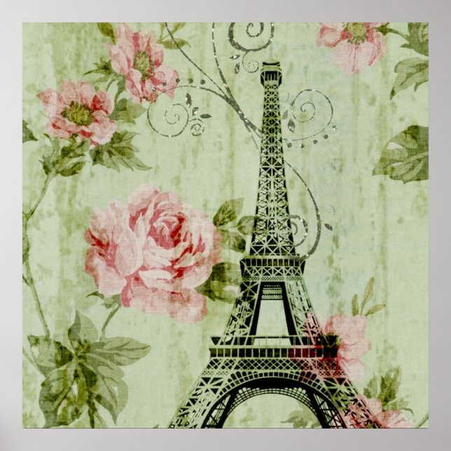 elegant spring mint pink floral paris eiffel tower poster (Front)