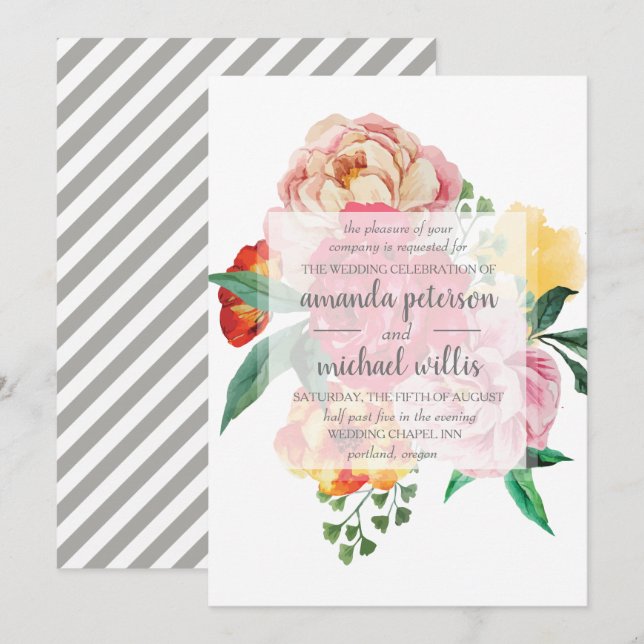 Elegant spring peonies and leaves flowers wedding invitation (Front/Back)