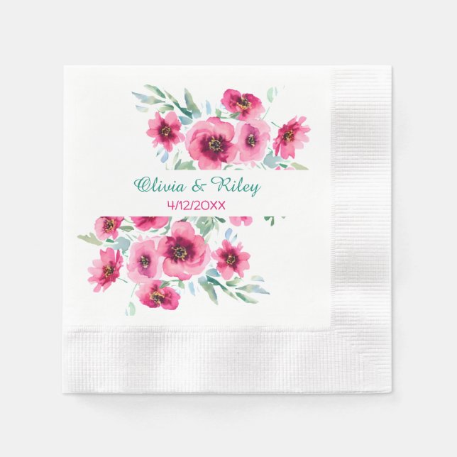 Elegant Spring Pink Floral Wedding Date Napkins (Front)