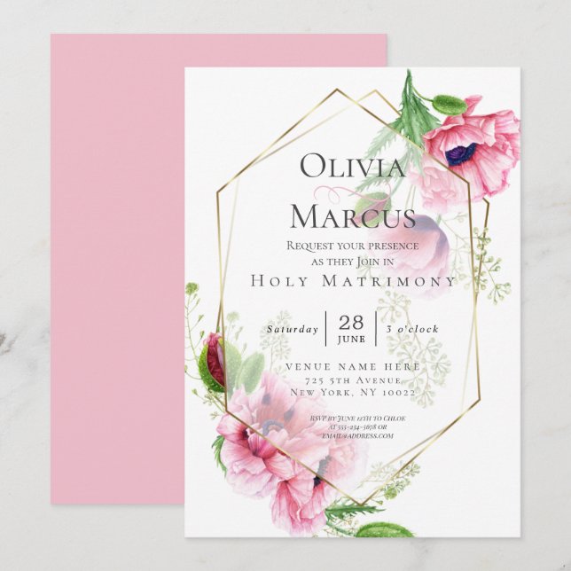 Elegant Spring Pink Poppy Floral Invitation (Front/Back)