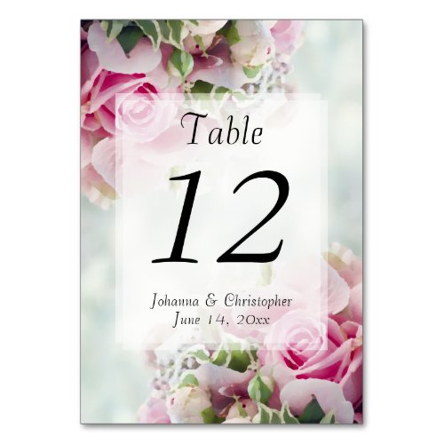 Elegant Spring Pink Roses on Teal Floral Wedding Table Number