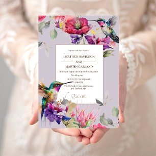 Elegant Spring Purple Flower Floral Birds Wedding Invitation