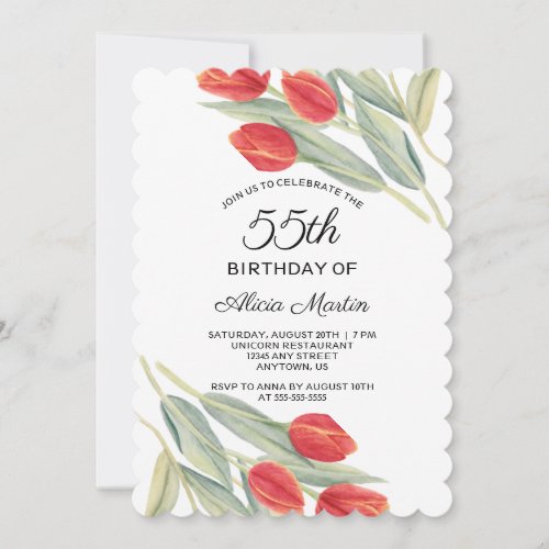 Elegant Spring Red Tulip Flora 55th Birthday Invitation