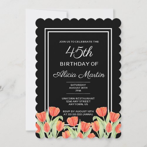 Elegant Spring Red Tulip Flora Black 45th Birthday Invitation